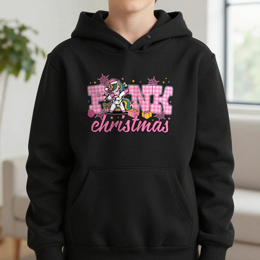 Pink Christmas Unicorn Kids Hoodie in Black, worn, our photo