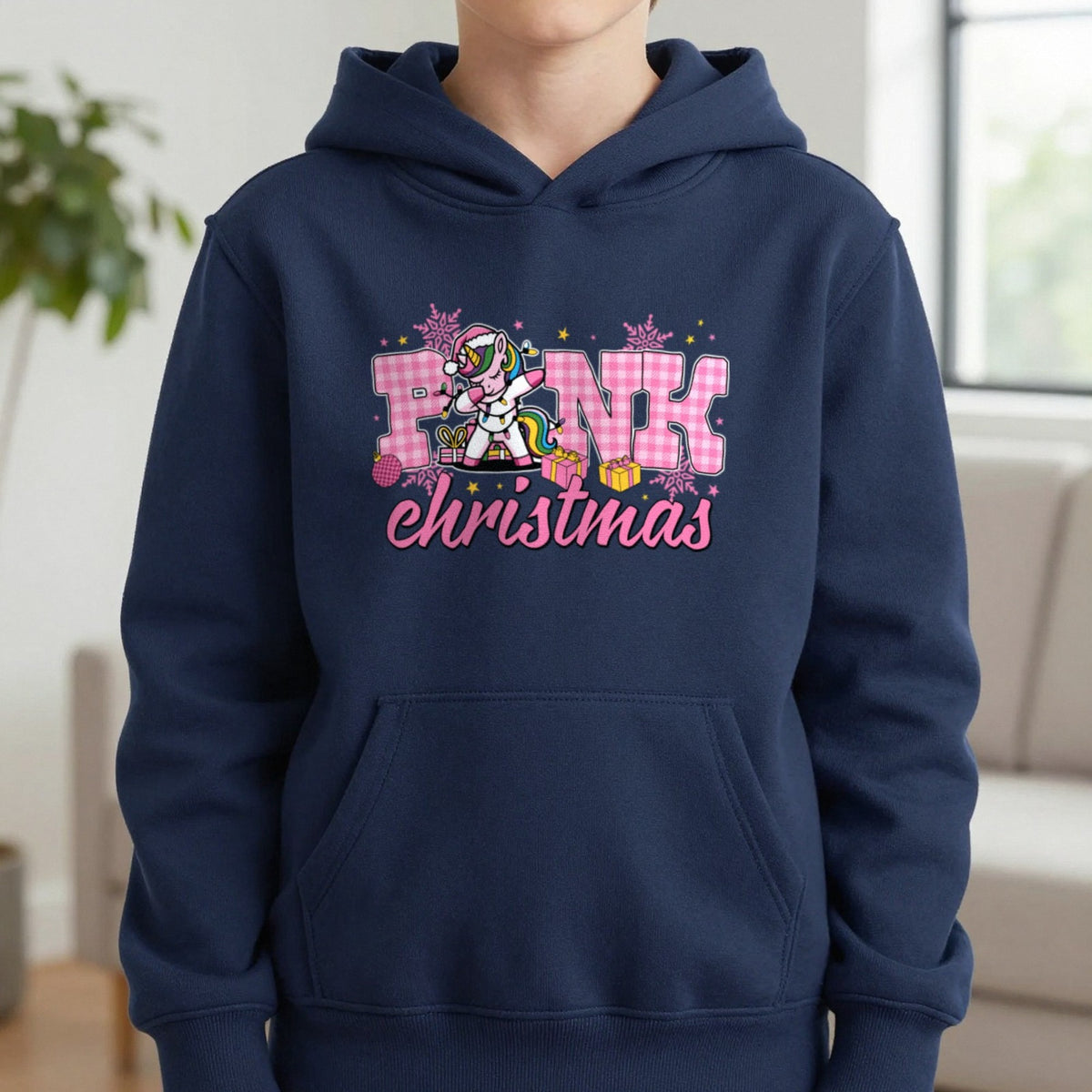 Pink Christmas Unicorn Kids Hoodie in Navy, worn, our photo