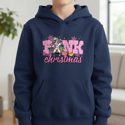 Pink Christmas Unicorn Kids Hoodie in Navy, worn, our photo