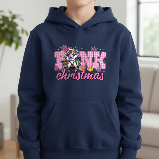 Pink Christmas Unicorn Kids Hoodie in Navy, worn, our photo