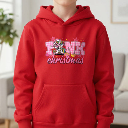 Pink Christmas Unicorn Kids Hoodie in Red, worn, our photo