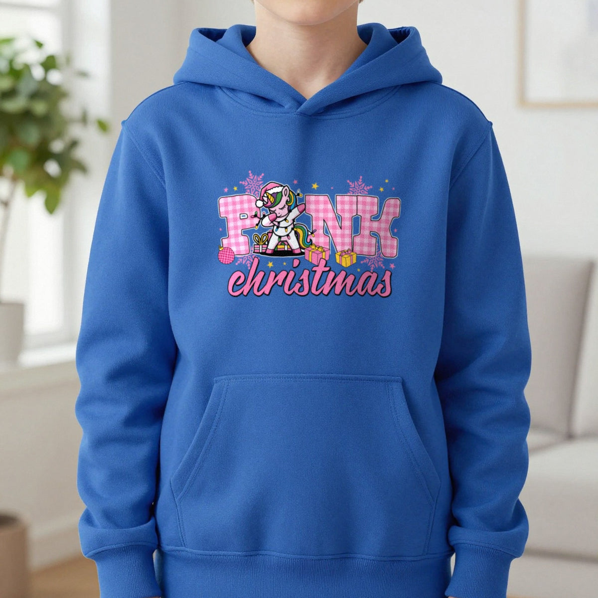 Pink Christmas Unicorn Kids Hoodie in Royal, worn, our photo