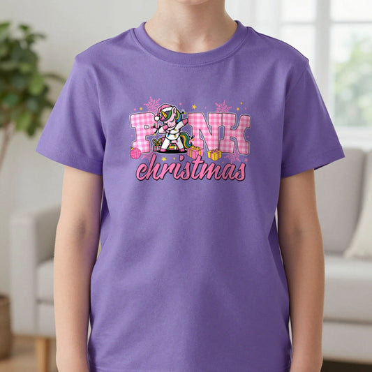 Pink Christmas Unicorn Kids T-Shirt in Purple, worn, our photo