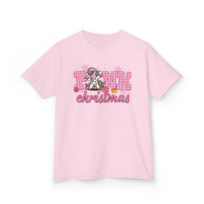 Christmas unicorn kids tee displayed on child model