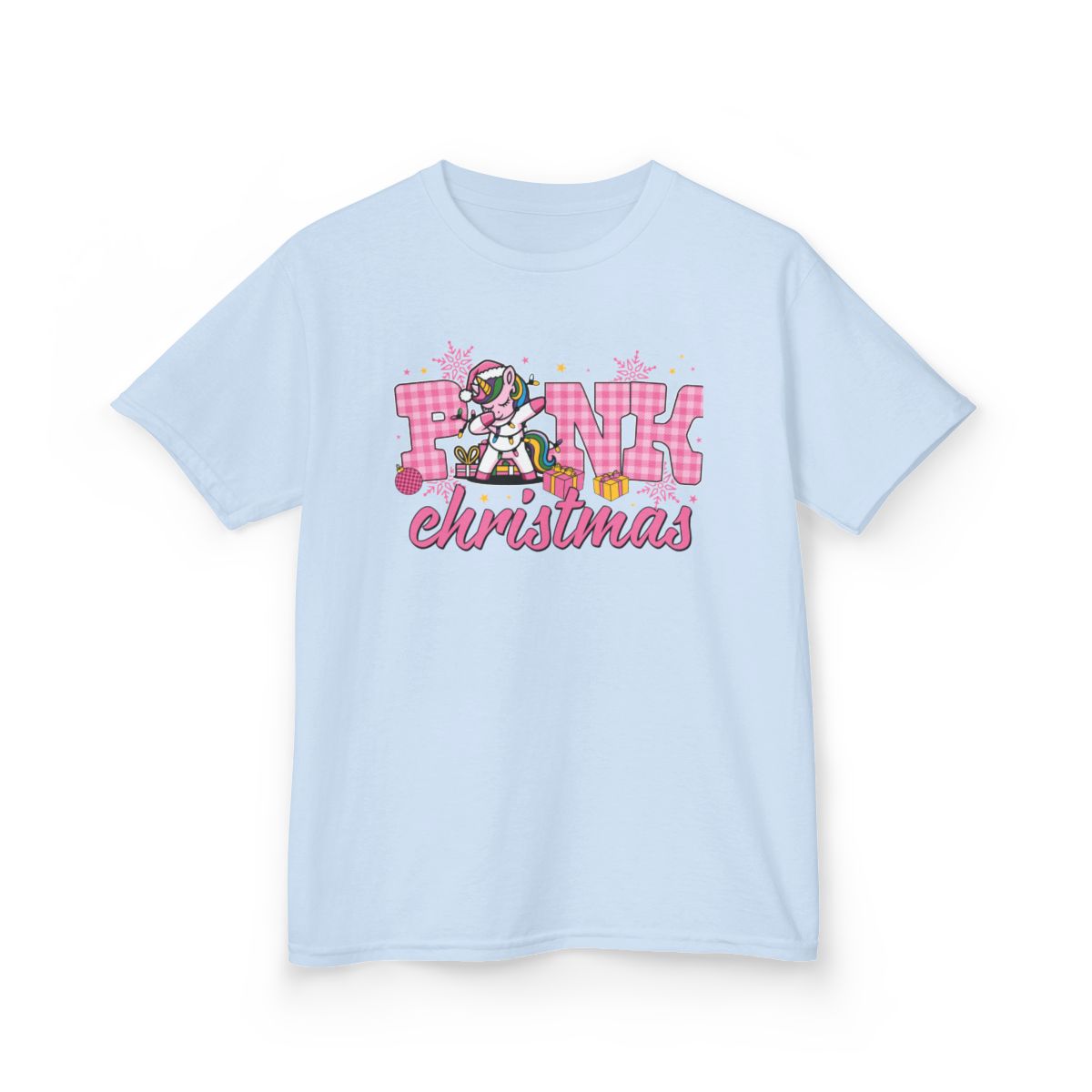 pink Christmas unicorn t-shirt available in multiple sizes for children