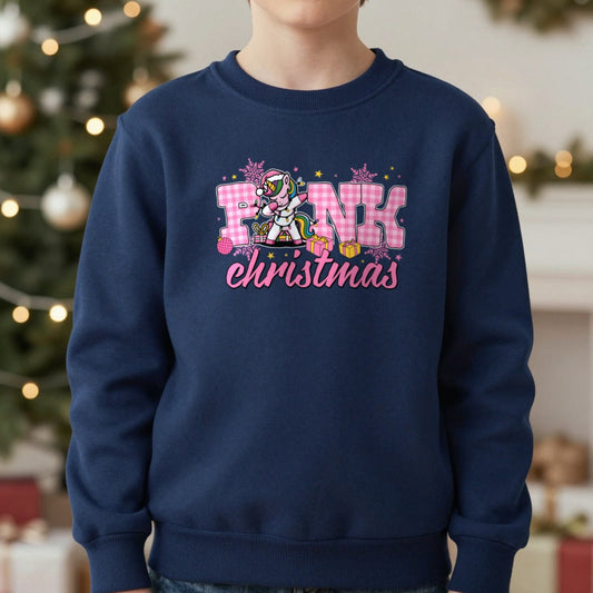 Pink Christmas Unicorn Youth Sweatshirt in Navy, worn, our photo