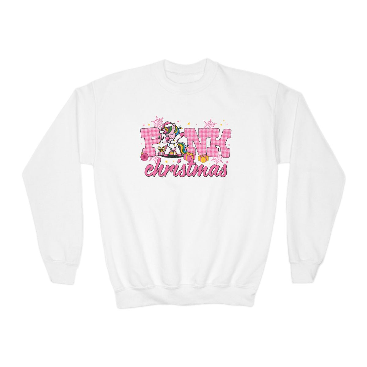 pink Christmas unicorn kids sweatshirt flat lay detail
