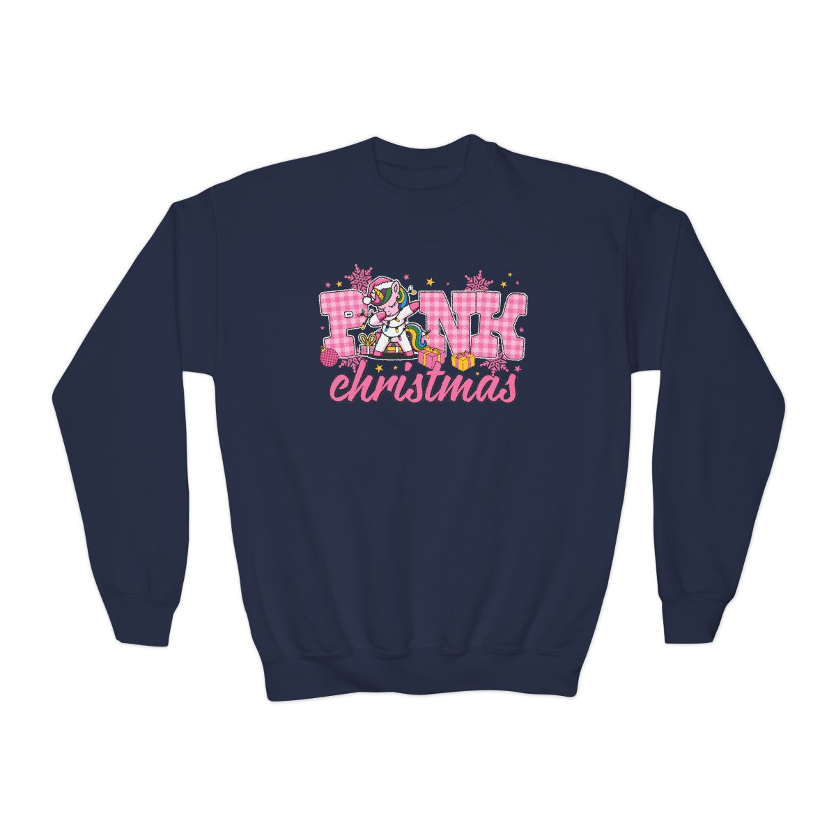 youth sweatshirt showing Christmas unicorn graphic on front