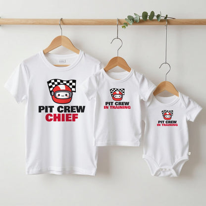 Pit Crew Chief & Pit Crew In Training matching set grown-up tee, kids tee and baby grow on hangers