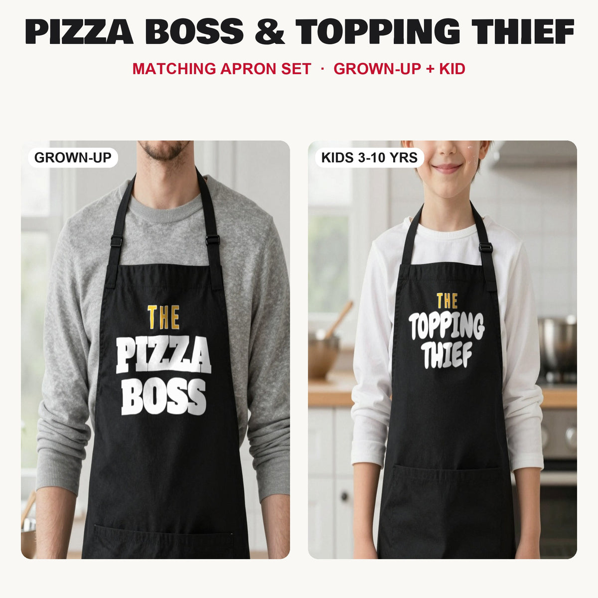 Pizza Boss & Topping Thief matching apron set in Black: grown-up and kids aprons, our photo