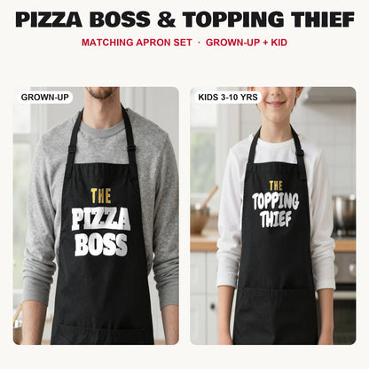 Pizza Boss & Topping Thief matching apron set in Black: grown-up and kids aprons, our photo
