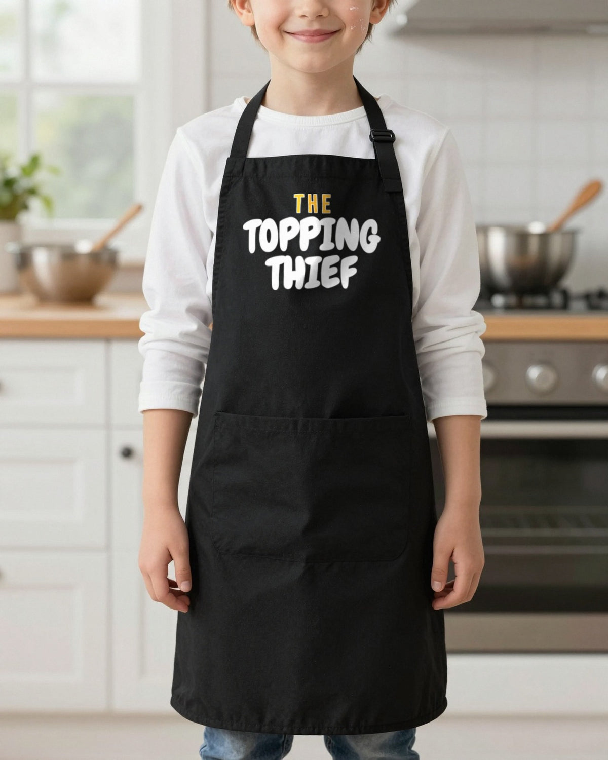 Pizza Boss & Topping Thief kids apron, worn