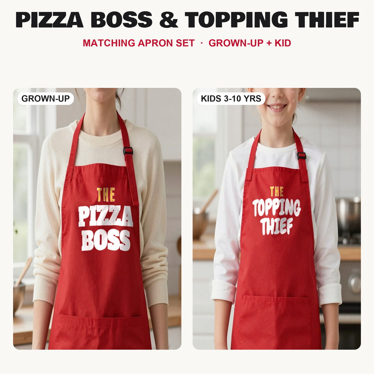 Pizza Boss & Topping Thief matching apron set in Red: grown-up and kids aprons, our photo
