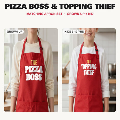 Pizza Boss & Topping Thief matching apron set in Red: grown-up and kids aprons, our photo
