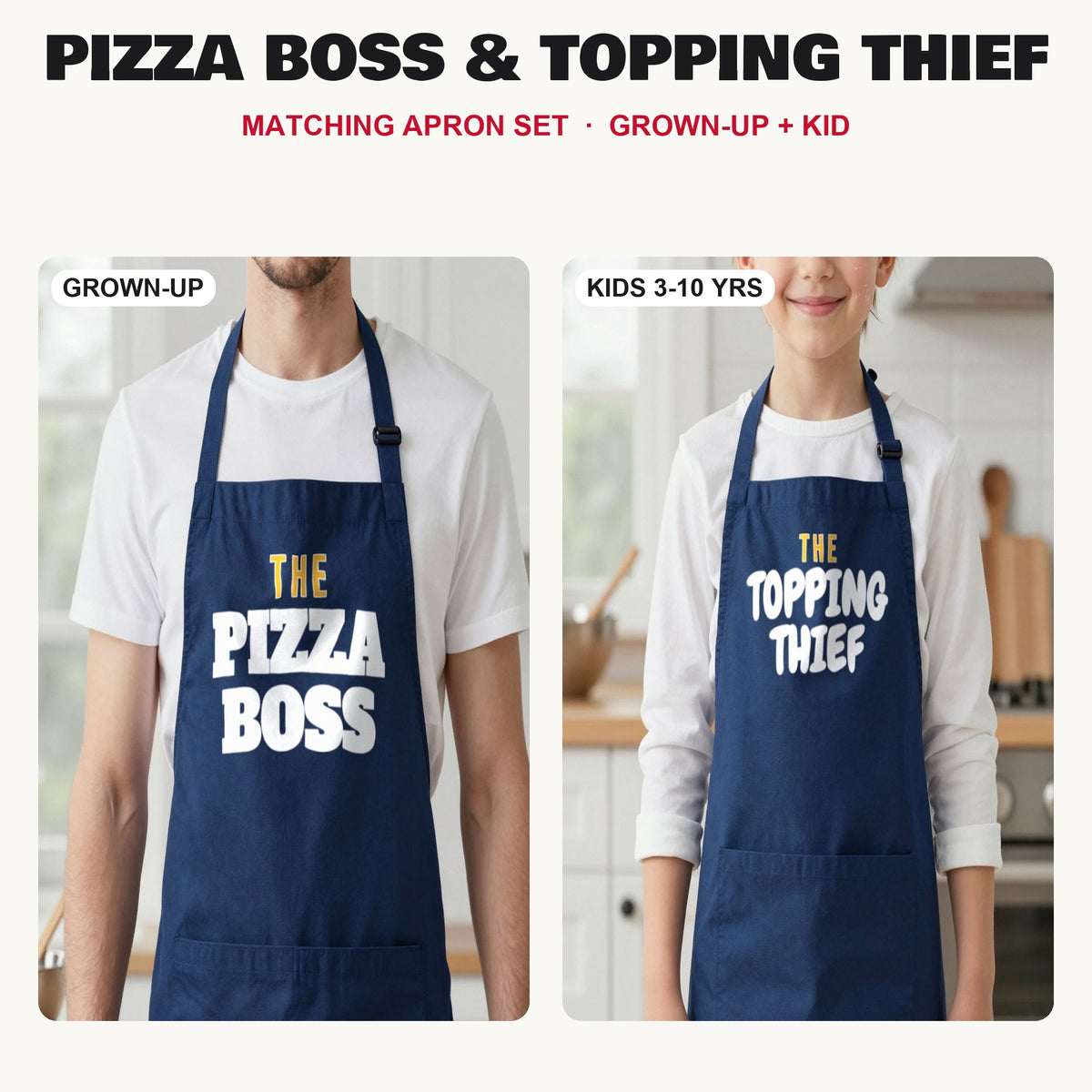 Pizza Boss & Topping Thief matching apron set in Navy: grown-up and kids aprons, our photo