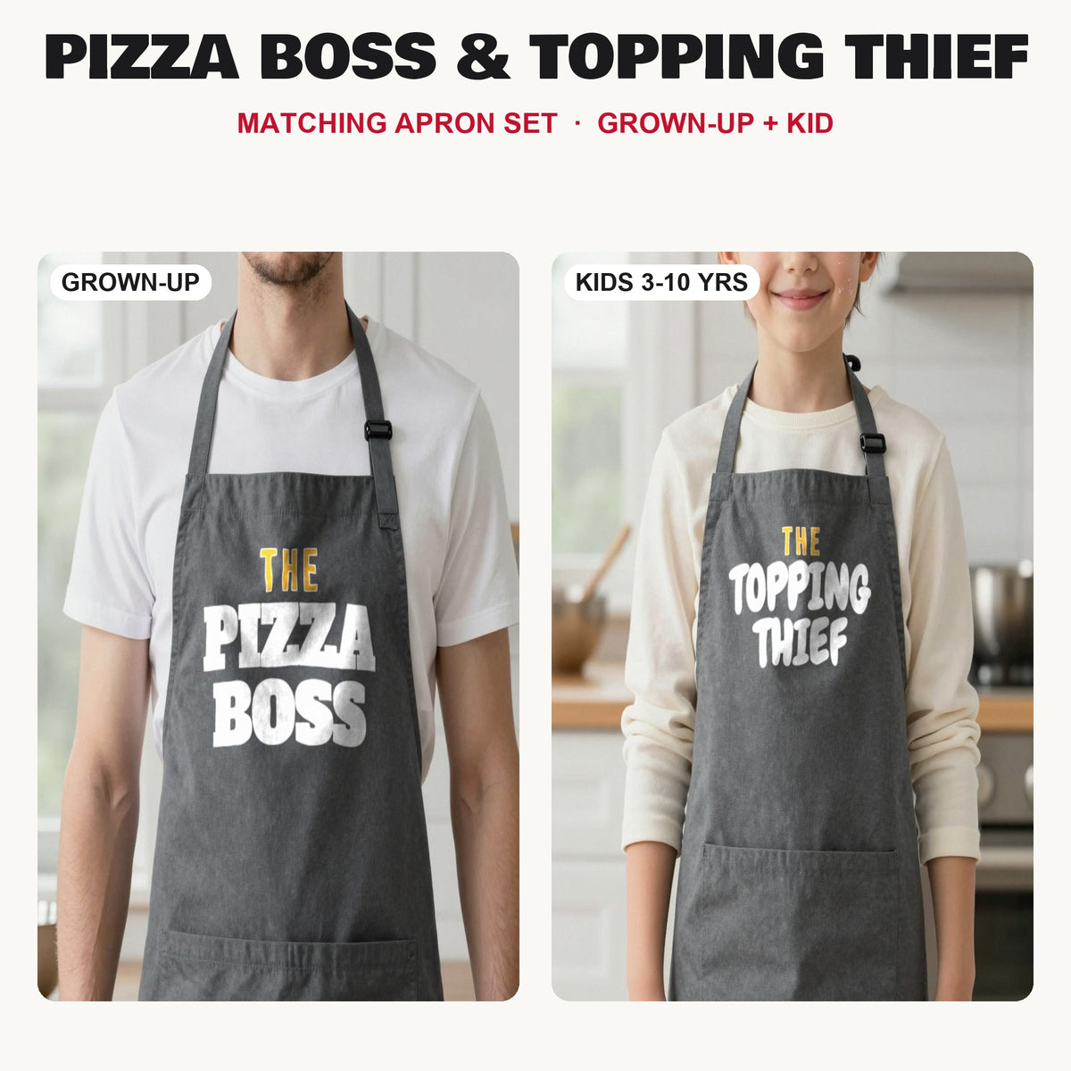 Pizza Boss & Topping Thief matching apron set in Dark Grey: grown-up and kids aprons, our photo