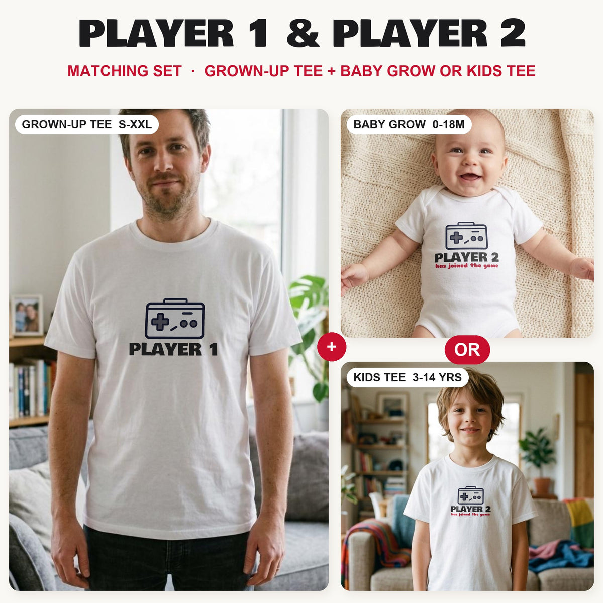 Player 1 & Player 2 matching set: grown-up tee with baby grow or kids tee