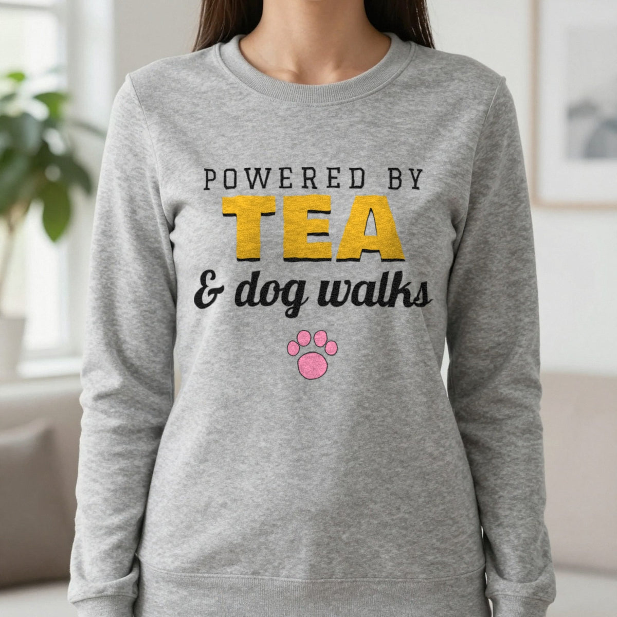 Powered By Tea And Dog Walks Funny Dog T-Shirt & Sweatshirt in Sport Grey (Sweatshirt), worn, our photo