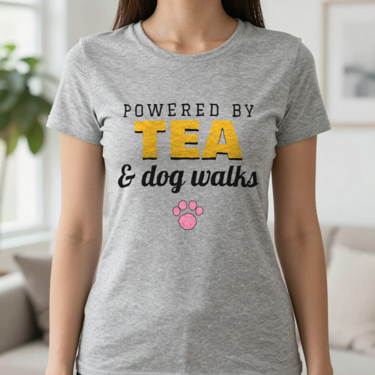 Powered By Tea And Dog Walks Funny Dog T-Shirt & Sweatshirt in Sport Grey (T-Shirt), worn, our photo