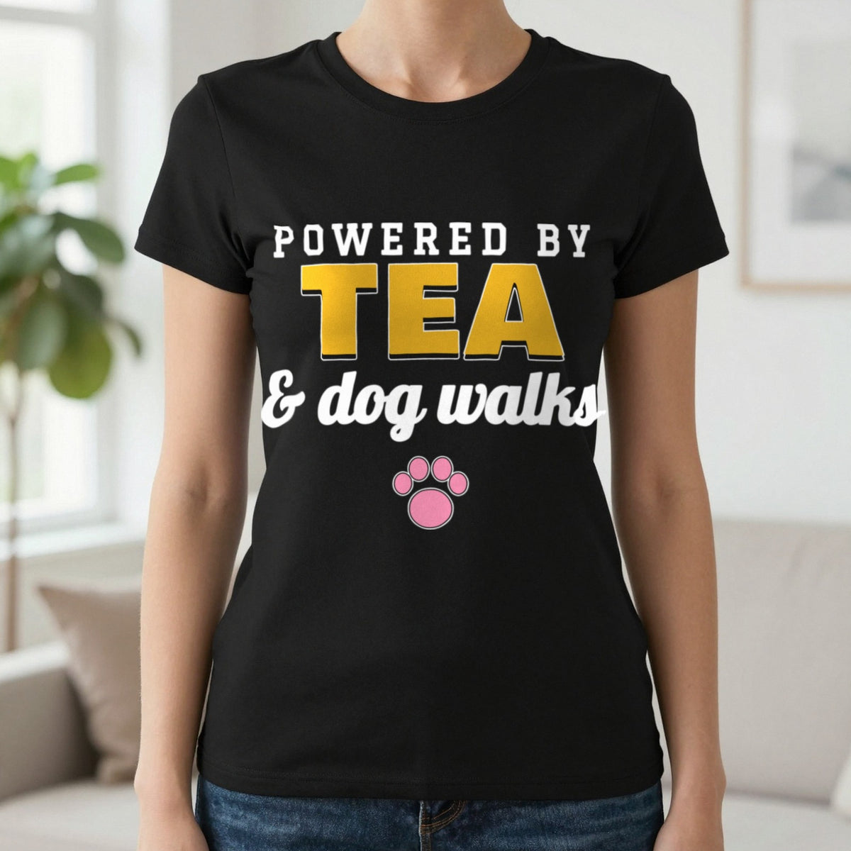 Powered By Tea And Dog Walks Funny Dog T-Shirt & Sweatshirt in Black (T-Shirt), worn, our photo