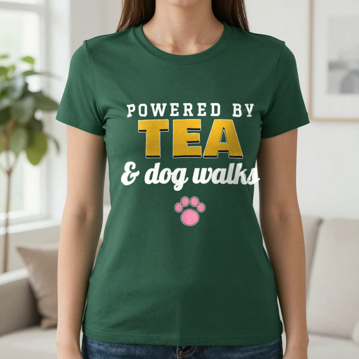 Powered By Tea And Dog Walks Funny Dog T-Shirt & Sweatshirt in Forest Green (T-Shirt), worn, our photo