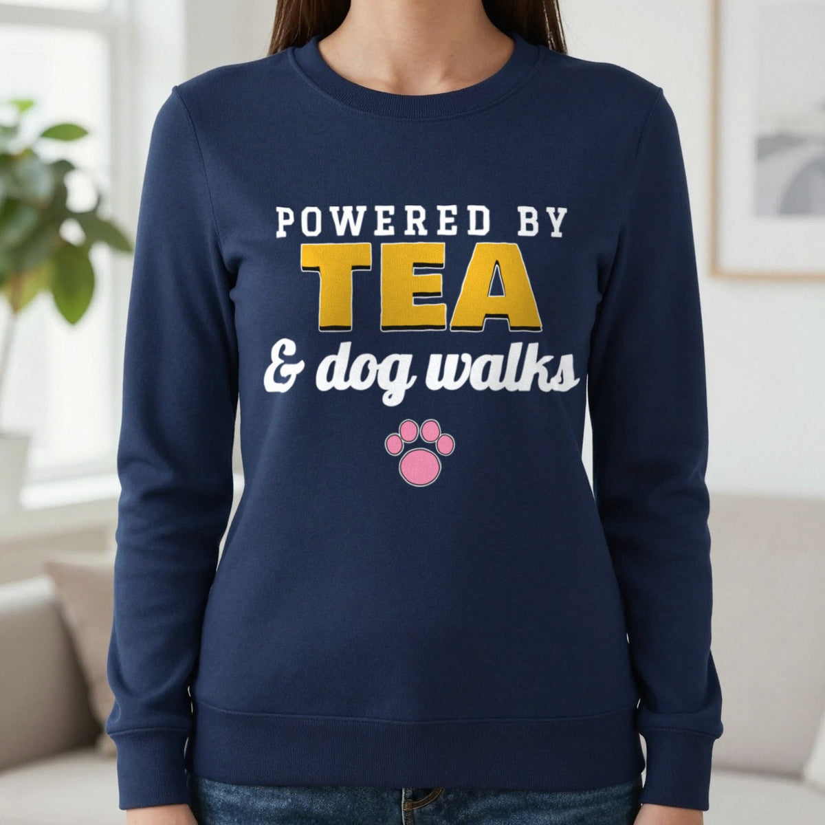 Powered By Tea And Dog Walks Funny Dog T-Shirt & Sweatshirt in Navy (Sweatshirt), worn, our photo
