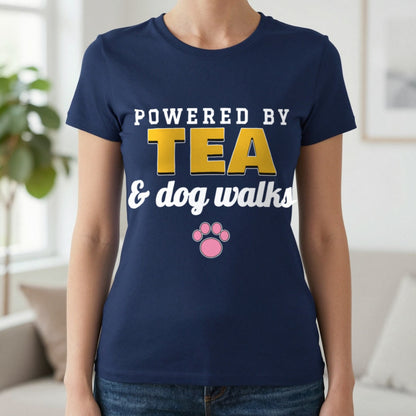 Powered By Tea And Dog Walks Funny Dog T-Shirt & Sweatshirt in Navy (T-Shirt), worn, our photo