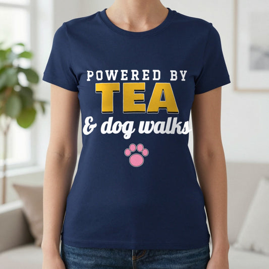Powered By Tea And Dog Walks Funny Dog T-Shirt & Sweatshirt in Navy (T-Shirt), worn, our photo