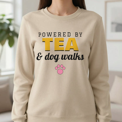 Powered By Tea And Dog Walks Funny Dog T-Shirt & Sweatshirt in Sand (Sweatshirt), worn, our photo