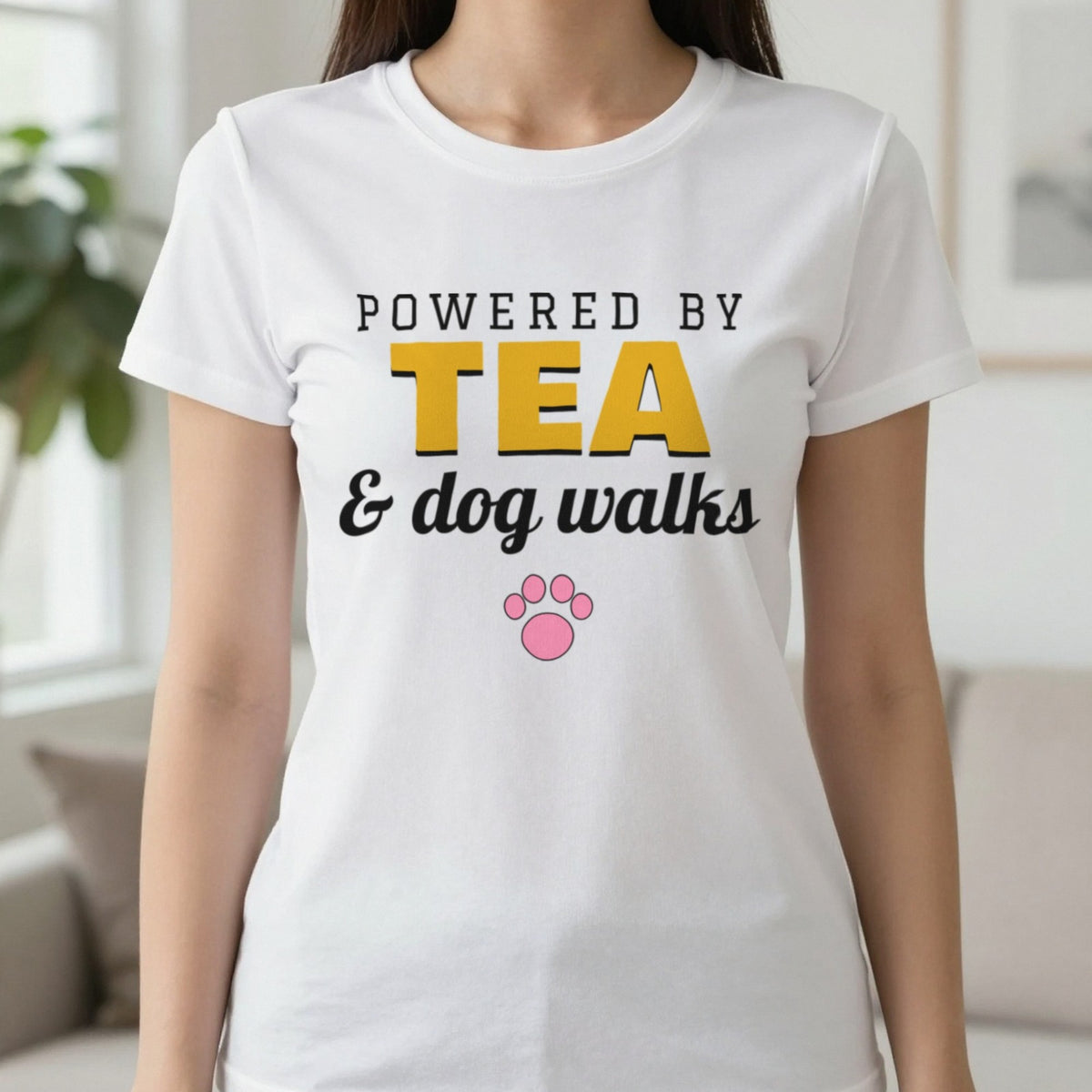 Powered By Tea And Dog Walks Funny Dog T-Shirt & Sweatshirt in White (T-Shirt), worn, our photo