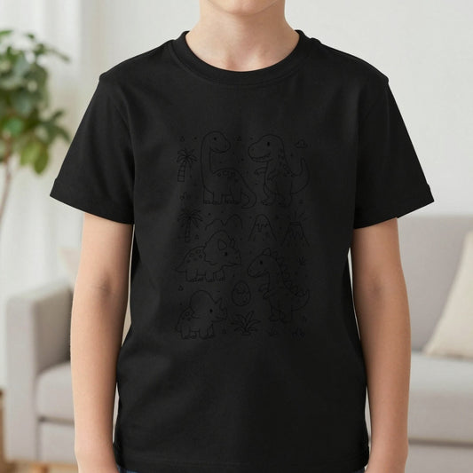 Prehistoric Pals Colour-In Dinosaur T-Shirt worn, lifestyle photo