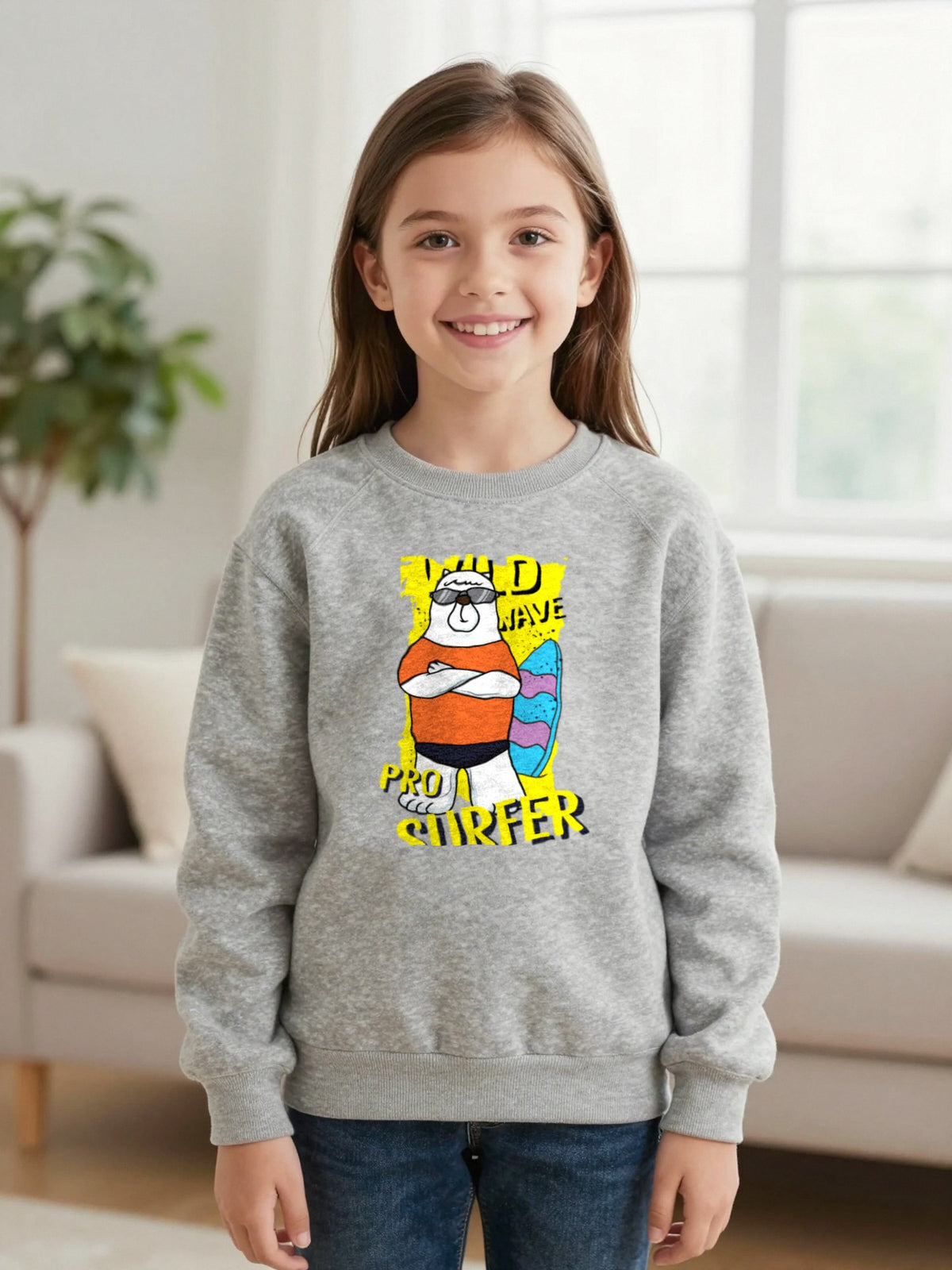 Kids Pro Surfer Bear T-Shirt & Sweatshirt worn by a child, another colour