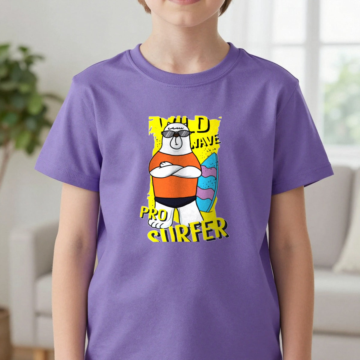 Kids Pro Surfer Bear T-Shirt & Sweatshirt in Purple, worn, our photo