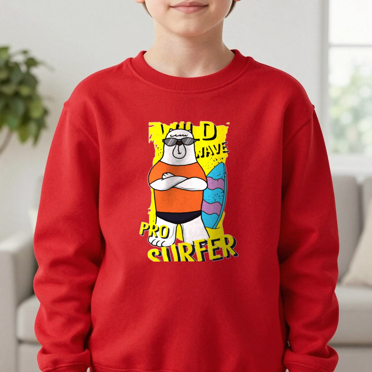 Kids Pro Surfer Bear T-Shirt & Sweatshirt in Red, worn, our photo