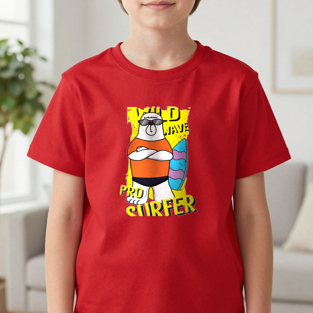 Kids Pro Surfer Bear T-Shirt & Sweatshirt in Red, worn, our photo