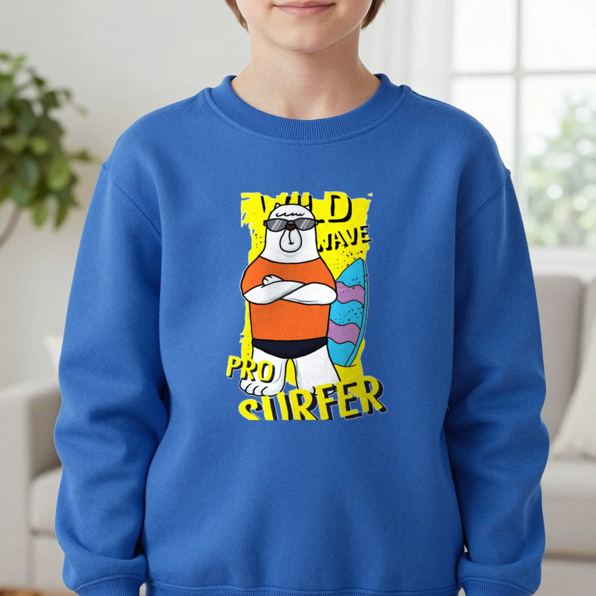 Kids Pro Surfer Bear T-Shirt & Sweatshirt in Royal, worn, our photo