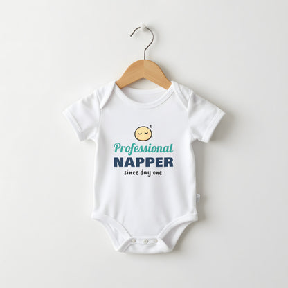 Professional Napper Since Day One white baby grow on a hanger