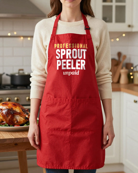 Professional Sprout Peeler Unpaid Christmas apron in Red, worn, our photo