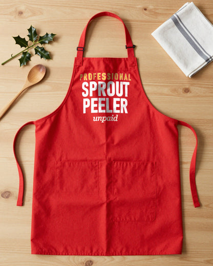 Professional Sprout Peeler Unpaid Christmas apron laid flat