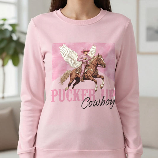 Pucker Up Cowboy Sweatshirt in Light Pink, worn, our photo