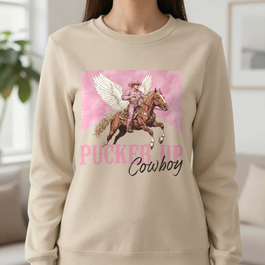 Pucker Up Cowboy Sweatshirt in Sand, worn, our photo