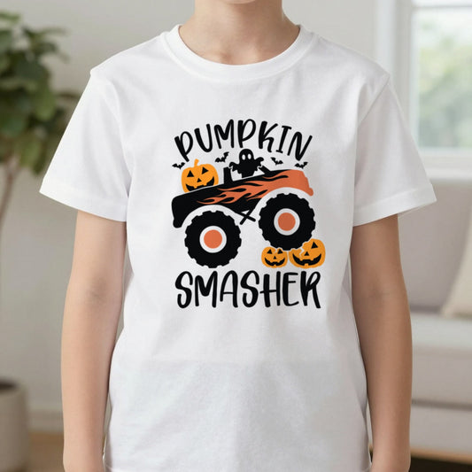 Pumpkin Smasher Monster Truck Halloween T-Shirt worn, lifestyle photo