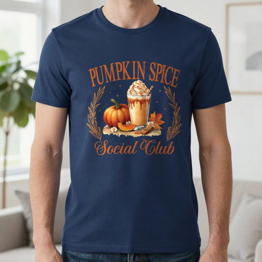 Pumpkin Spice Social Club T-Shirt worn, lifestyle photo