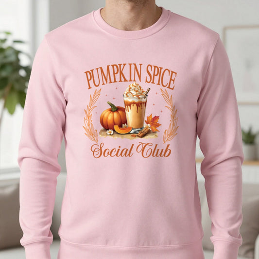Pumpkin Spice Social Club Sweatshirt in Light Pink, worn, our photo