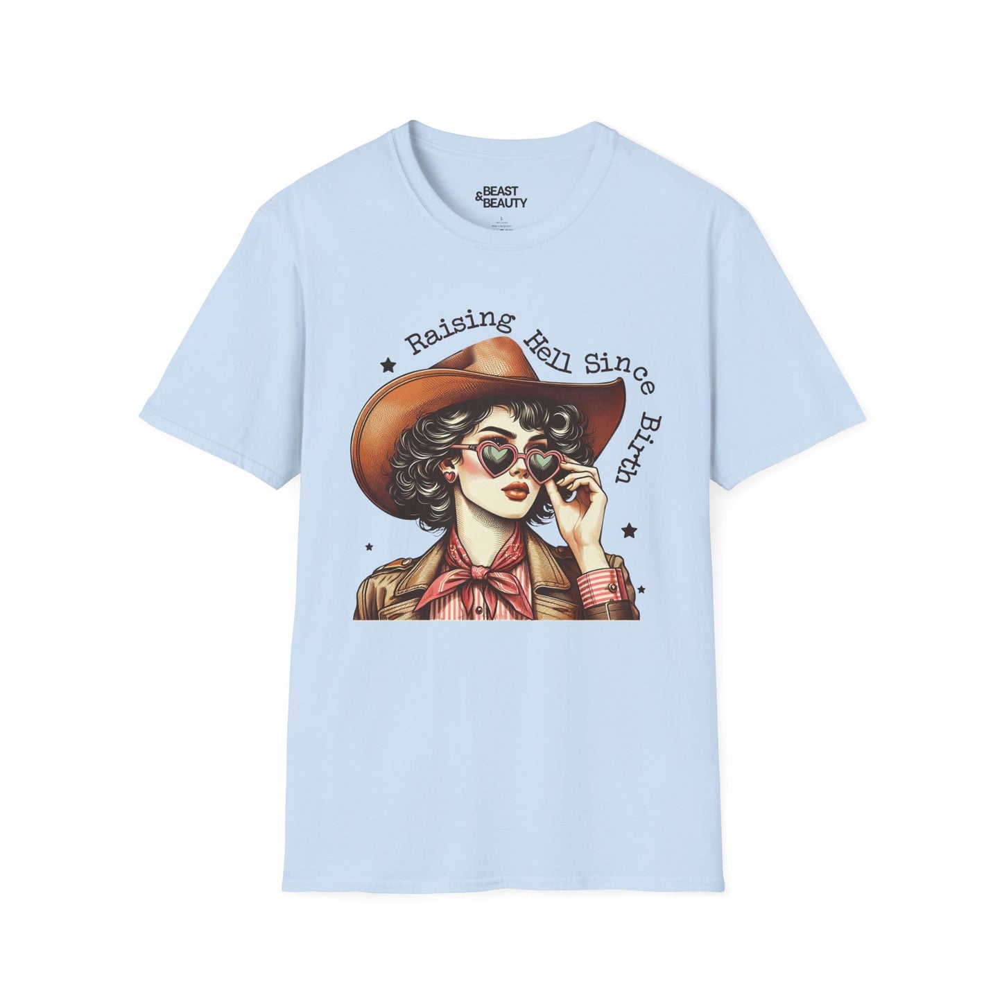 raising hell since birth cowgirl t-shirt light blue t-shirt cowgirl gift idea