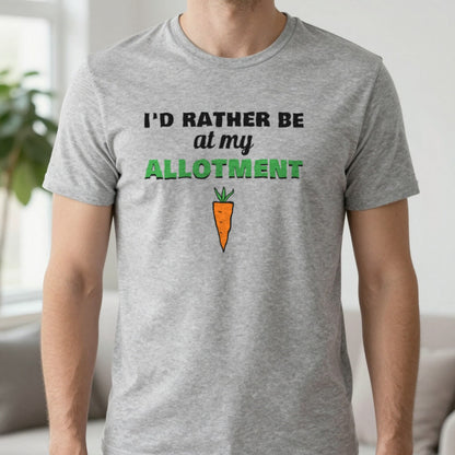 I'd Rather Be At My Allotment Funny Gardening T-Shirt & Sweatshirt in Sport Grey (T-Shirt), worn, our photo