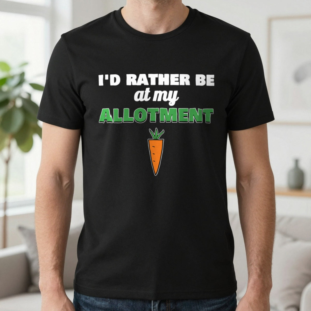 I'd Rather Be At My Allotment Funny Gardening T-Shirt & Sweatshirt in Black (T-Shirt), worn, our photo