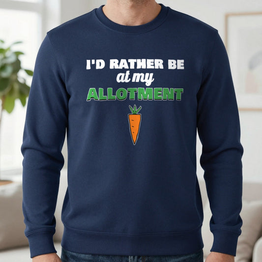 I'd Rather Be At My Allotment Funny Gardening T-Shirt & Sweatshirt in Navy (Sweatshirt), worn, our photo