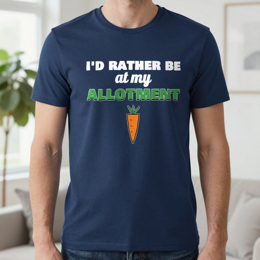 I'd Rather Be At My Allotment Funny Gardening T-Shirt & Sweatshirt in Navy (T-Shirt), worn, our photo