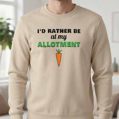 I'd Rather Be At My Allotment Funny Gardening T-Shirt & Sweatshirt in Sand (Sweatshirt), worn, our photo